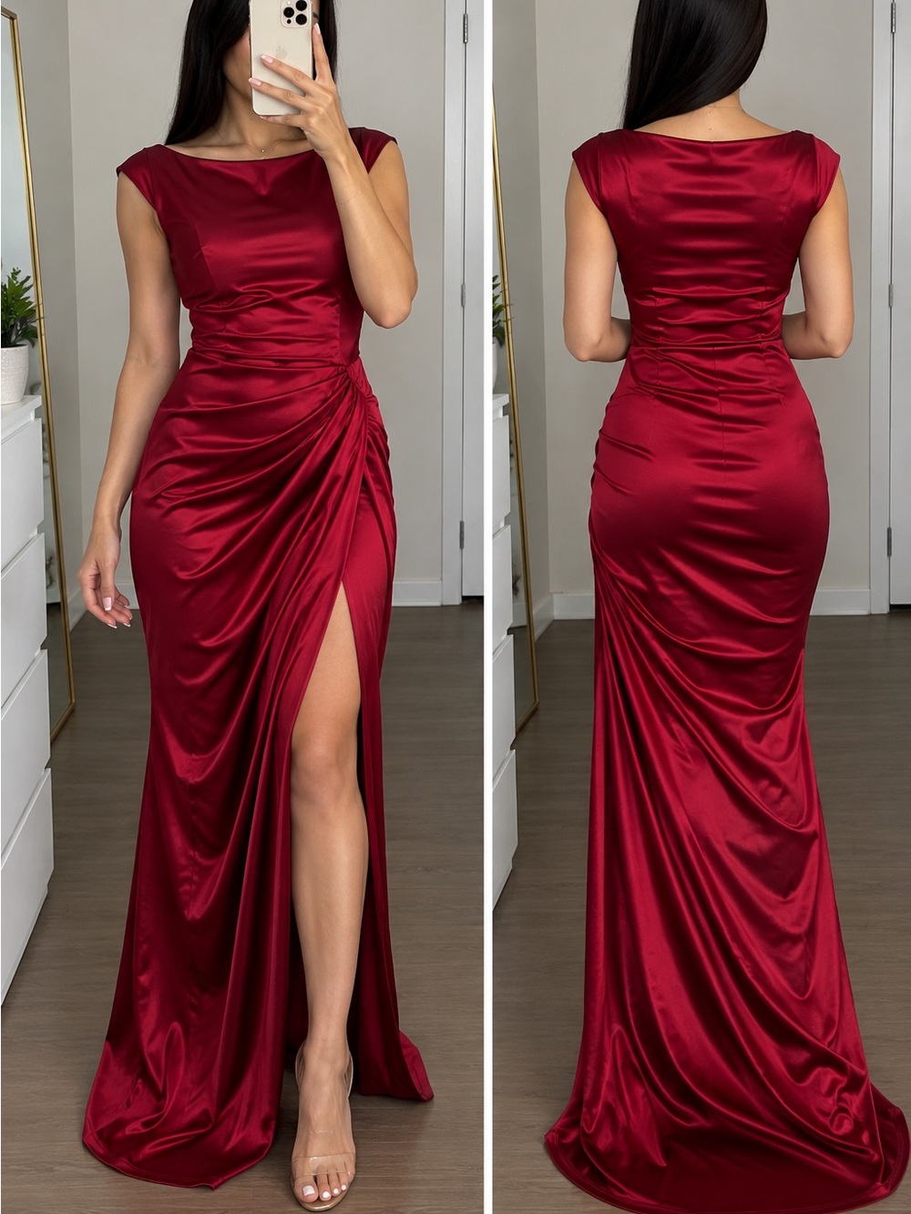 Elegant Wine Red Satin Evening Gown with Side Ruched Slit